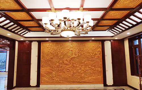 桃源中式别墅客厅中式木作横梁吊顶装饰展示